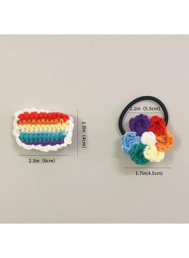 Rainbow Flower Hair Clips for Women's, Colorful Knit Hair Clips Hair Ties Set, Pride Day Parties, Parades, Carnival Hair Accessories - Image 2